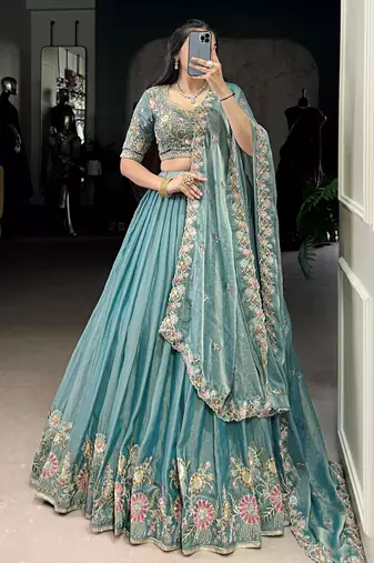 sky blue organza zari weaving lehenga set choli with dupatta