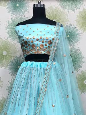 blue embroidered net lehenga set choli with dupatta 2