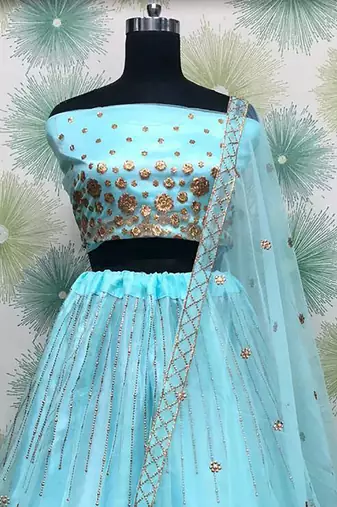 blue embroidered net lehenga set choli with dupatta