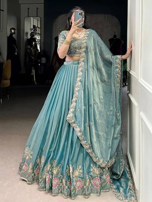 sky blue organza zari weaving lehenga set choli with dupatta 4