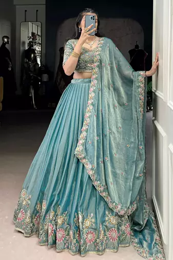 sky blue organza zari weaving lehenga set choli with dupatta