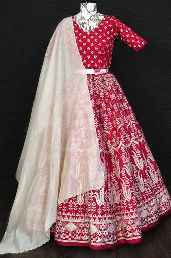 red digital printed silk festival wear lehenga choli