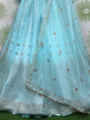 blue embroidered net lehenga set choli with dupatta 3