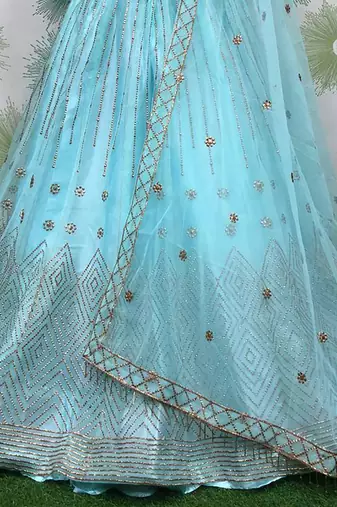 blue embroidered net lehenga set choli with dupatta