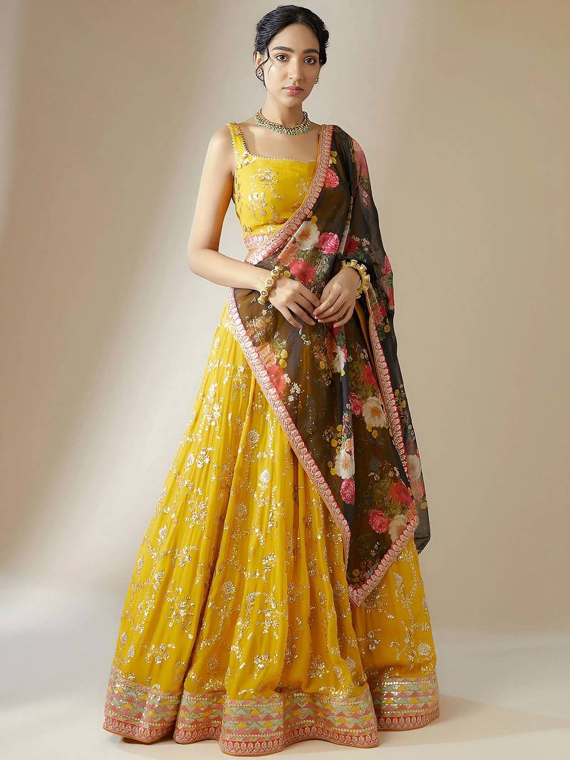 yellow sequins georgette festival wear lehenga choli