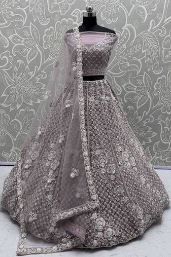 purple net sequins work bridesmaid lehenga choli with dupatta