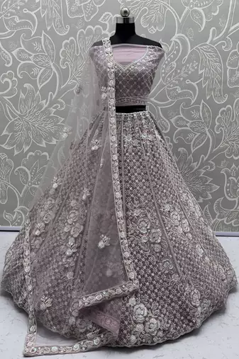 purple net sequins work bridesmaid lehenga choli with dupatta