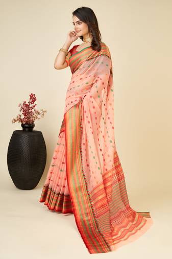 peach silk blend contrast zari border saree with matching blouse
