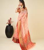 peach silk blend contrast zari border saree with matching blouse