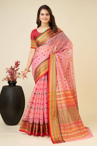pink silk blend contrast zari border saree with matching blouse