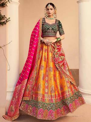 orange banarasi silk wedding wear lehenga choli with dupatta 1