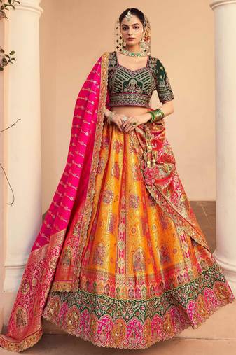 orange banarasi silk wedding wear lehenga choli with dupatta