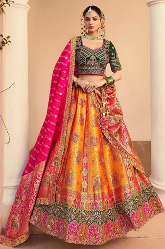 orange banarasi silk wedding wear lehenga choli with dupatta