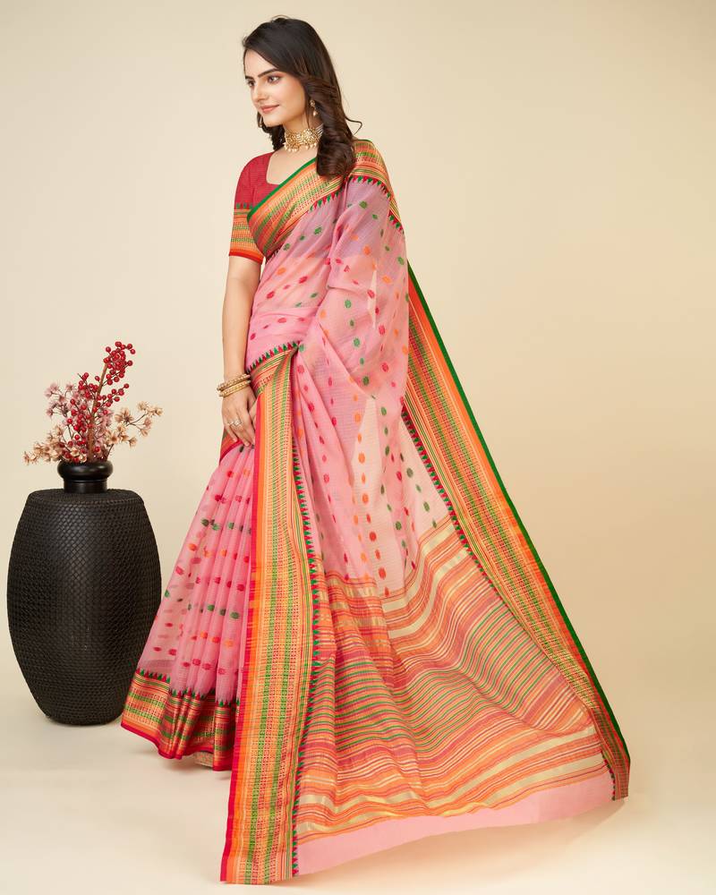 pink silk blend contrast zari border saree with matching blouse