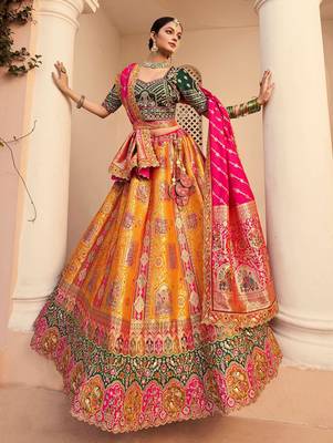 orange banarasi silk wedding wear lehenga choli with dupatta 2