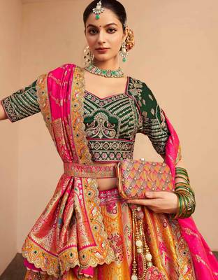 orange banarasi silk wedding wear lehenga choli with dupatta 3