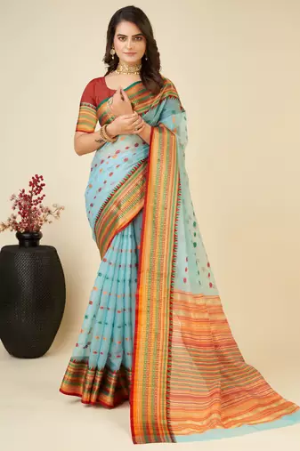 sky blue contrast zari border silk blend saree with matching blouse