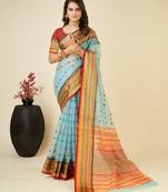 sky blue contrast zari border silk blend saree with matching blouse