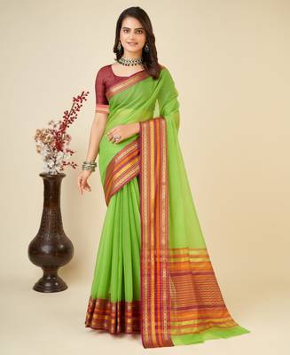 green woven semi cotton saree 1