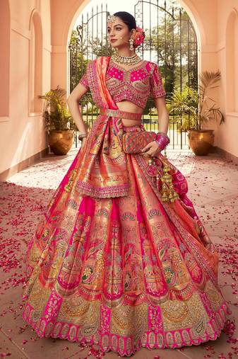 rani pink banarasi silk thread embroidered lehenga choli