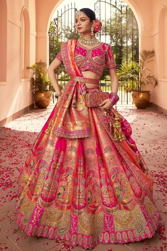 rani pink banarasi silk thread embroidered lehenga choli
