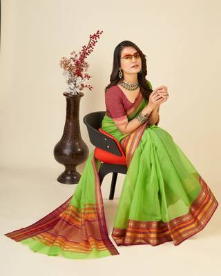 green woven semi cotton saree 3