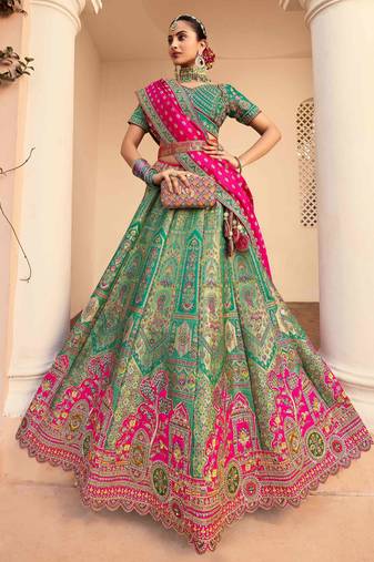 teal green sequins embroidered banarasi silk lehenga choli
