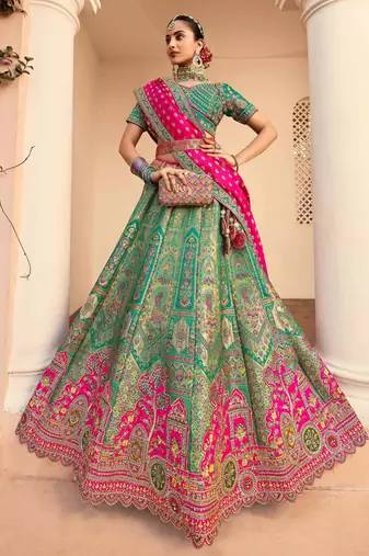 teal green sequins embroidered banarasi silk lehenga choli