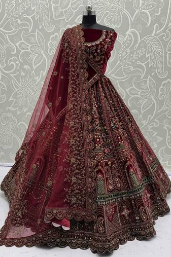 maroon velvet sequins embroidered bridal lehenga choli