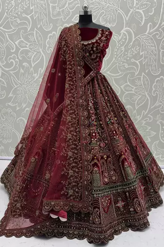 maroon velvet sequins embroidered bridal lehenga choli