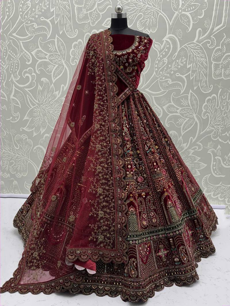 maroon velvet sequins embroidered bridal lehenga choli