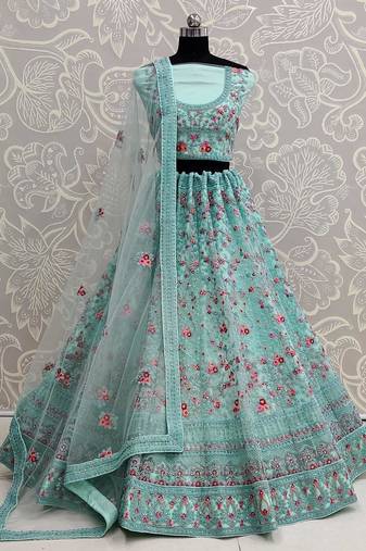 sky blue net zircon work wedding wear lehenga choli