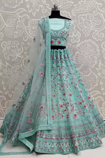 sky blue net zircon work wedding wear lehenga choli