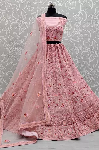 pink net thread embroidered bridesmaids lehenga choli