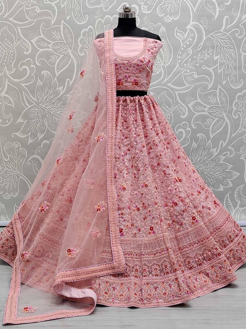 pink net thread embroidered bridesmaids lehenga choli