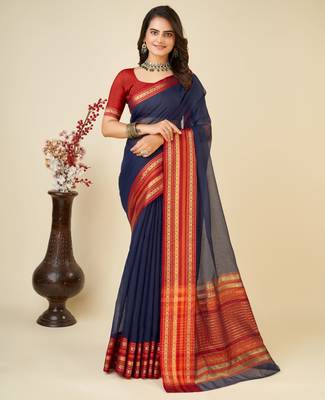 navy blue woven semi cotton saree 1