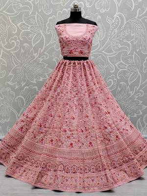 pink net thread embroidered bridesmaids lehenga set choli with dupatta 2
