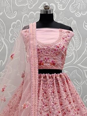 pink net thread embroidered bridesmaids lehenga set choli with dupatta 3