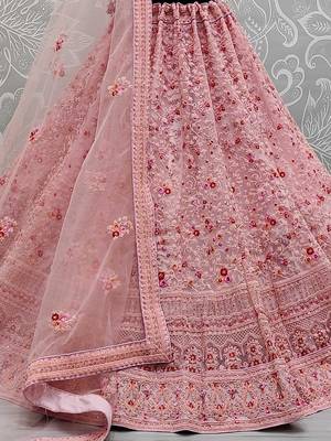 pink net thread embroidered bridesmaids lehenga set choli with dupatta 4