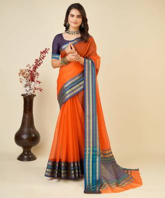 orange woven semi cotton saree 1