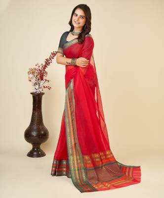 red woven semi cotton saree 1