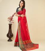 red woven semi cotton saree