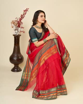 red woven semi cotton saree 2
