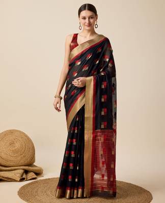 black woven banarasi semi cotton saree 1