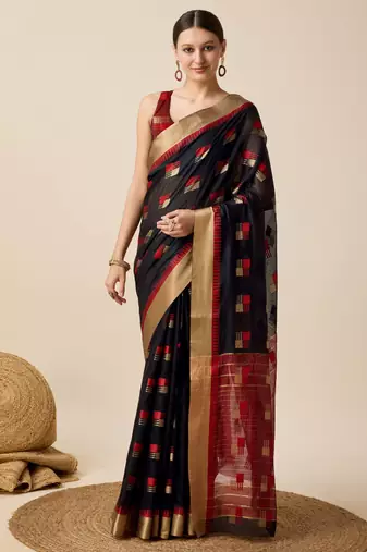 black woven banarasi semi cotton saree