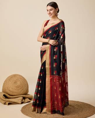 black woven banarasi semi cotton saree 2