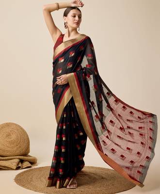 black woven banarasi semi cotton saree 3