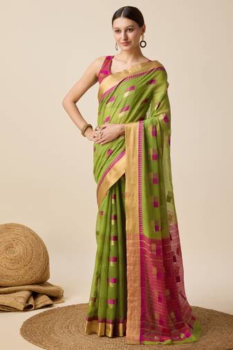 green woven banarasi semi cotton saree