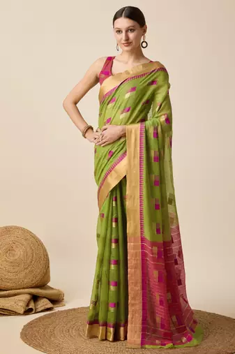 green woven banarasi semi cotton saree