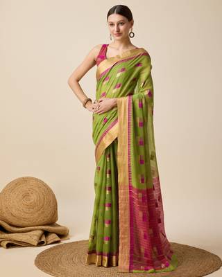 green woven banarasi semi cotton saree 2
